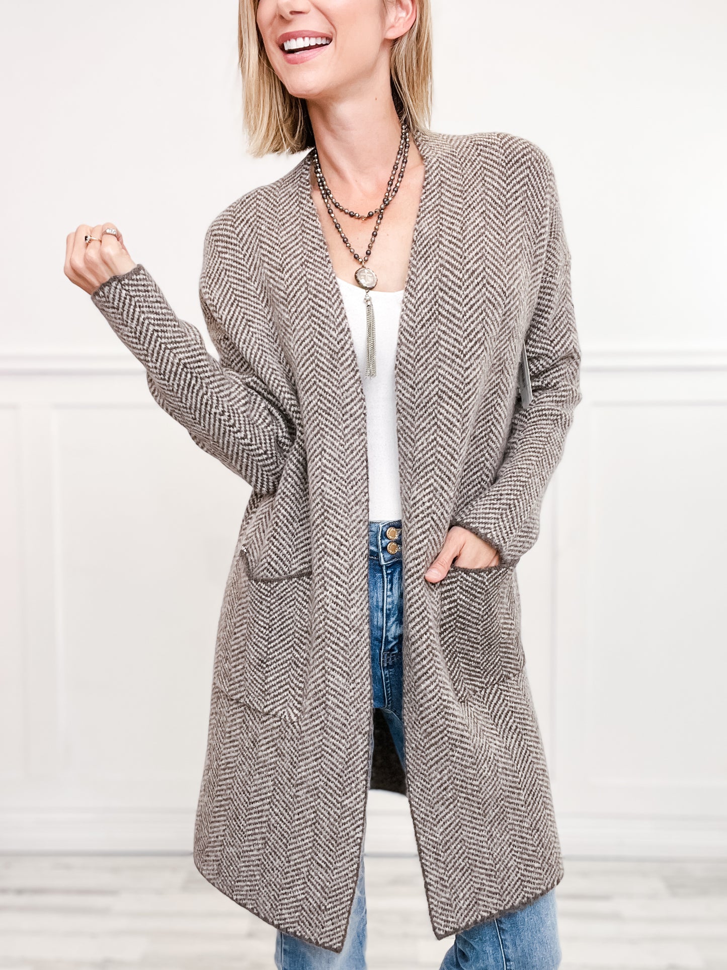 Herringbone Pattern Open Front Cardigan Coat