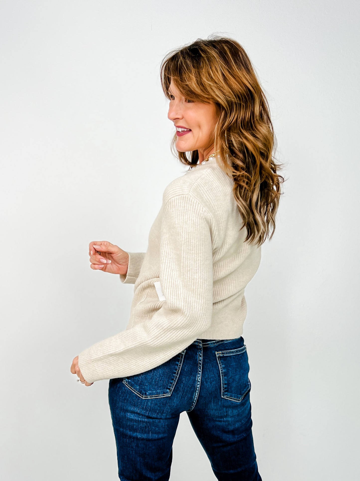 Pearl Lined Neckline Button Down Knit Cardigan