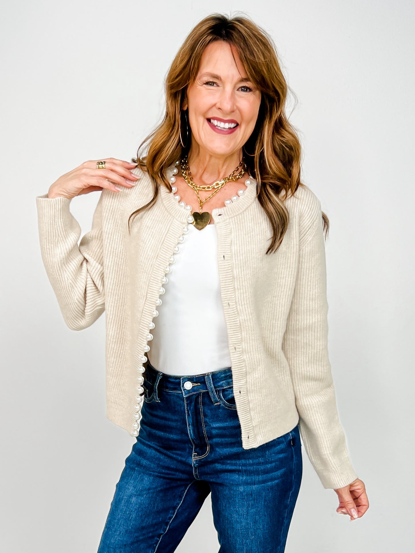Pearl Lined Neckline Button Down Knit Cardigan