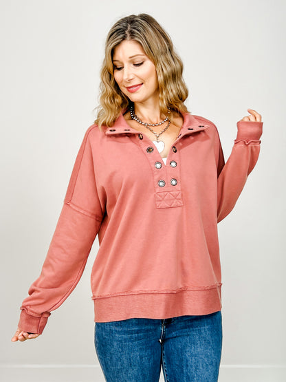 Grommet Neckline Long Sleeve Top with Ribbed Cuffs