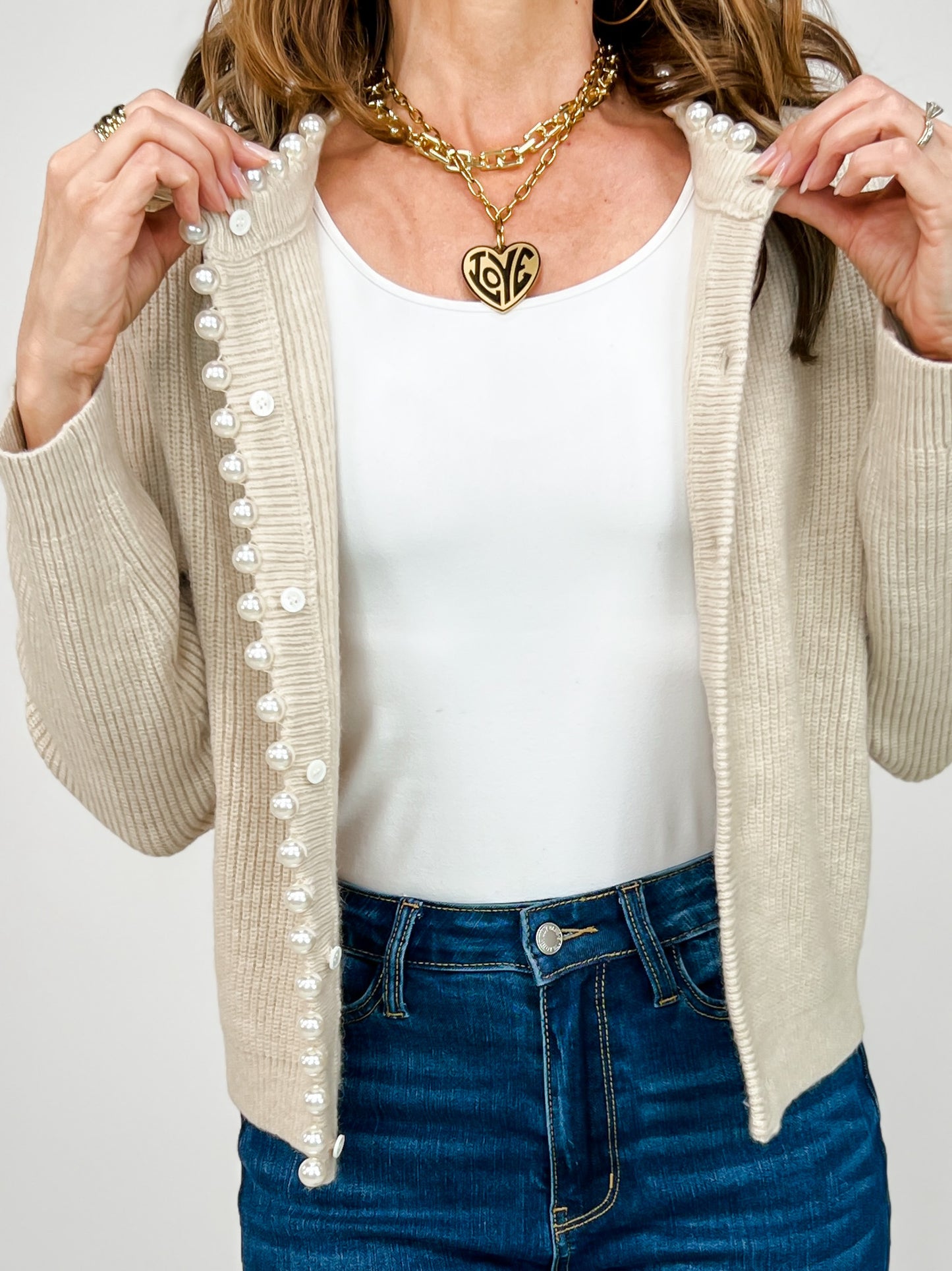 Pearl Lined Neckline Button Down Knit Cardigan