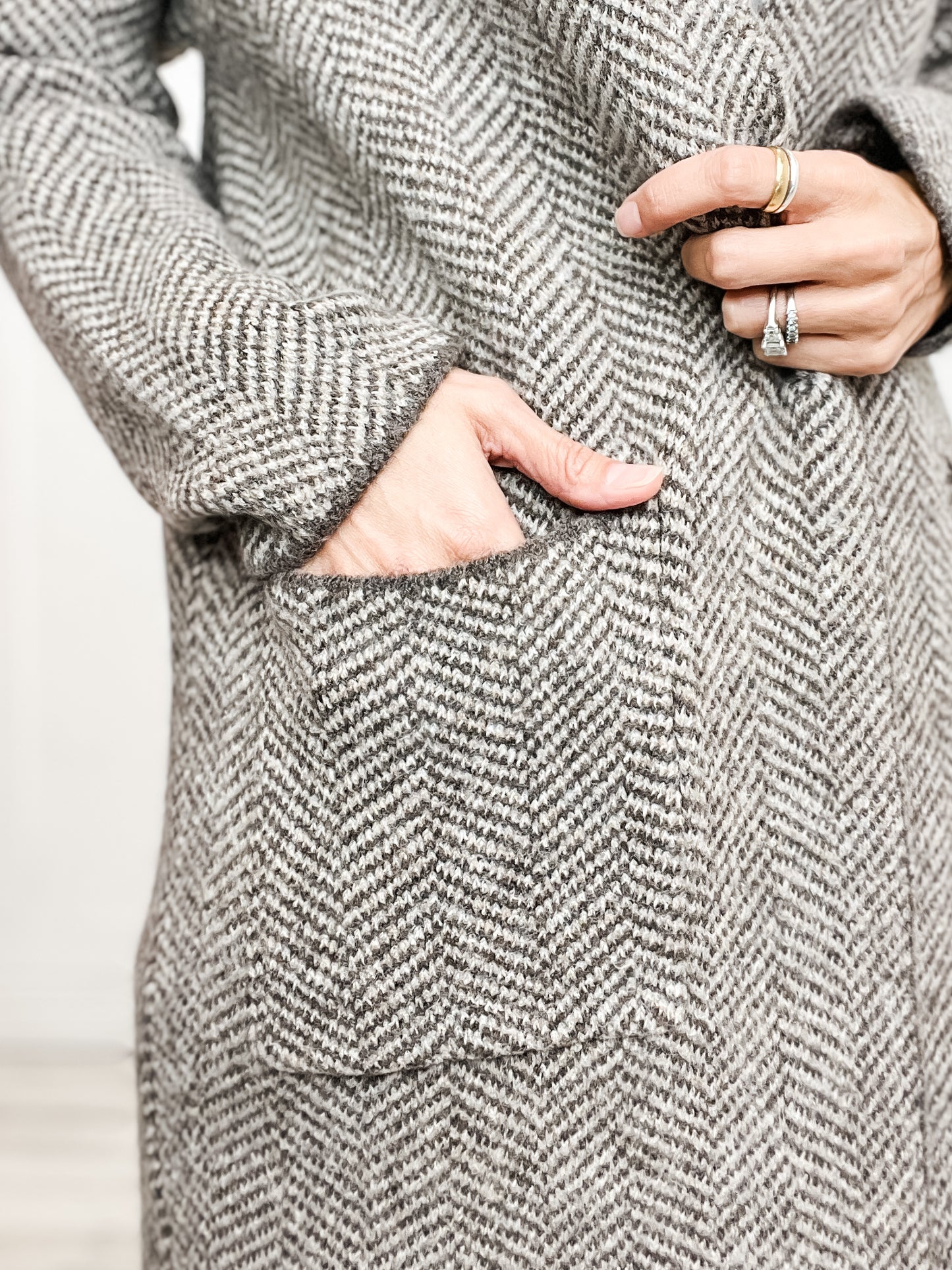 Herringbone Pattern Open Front Cardigan Coat