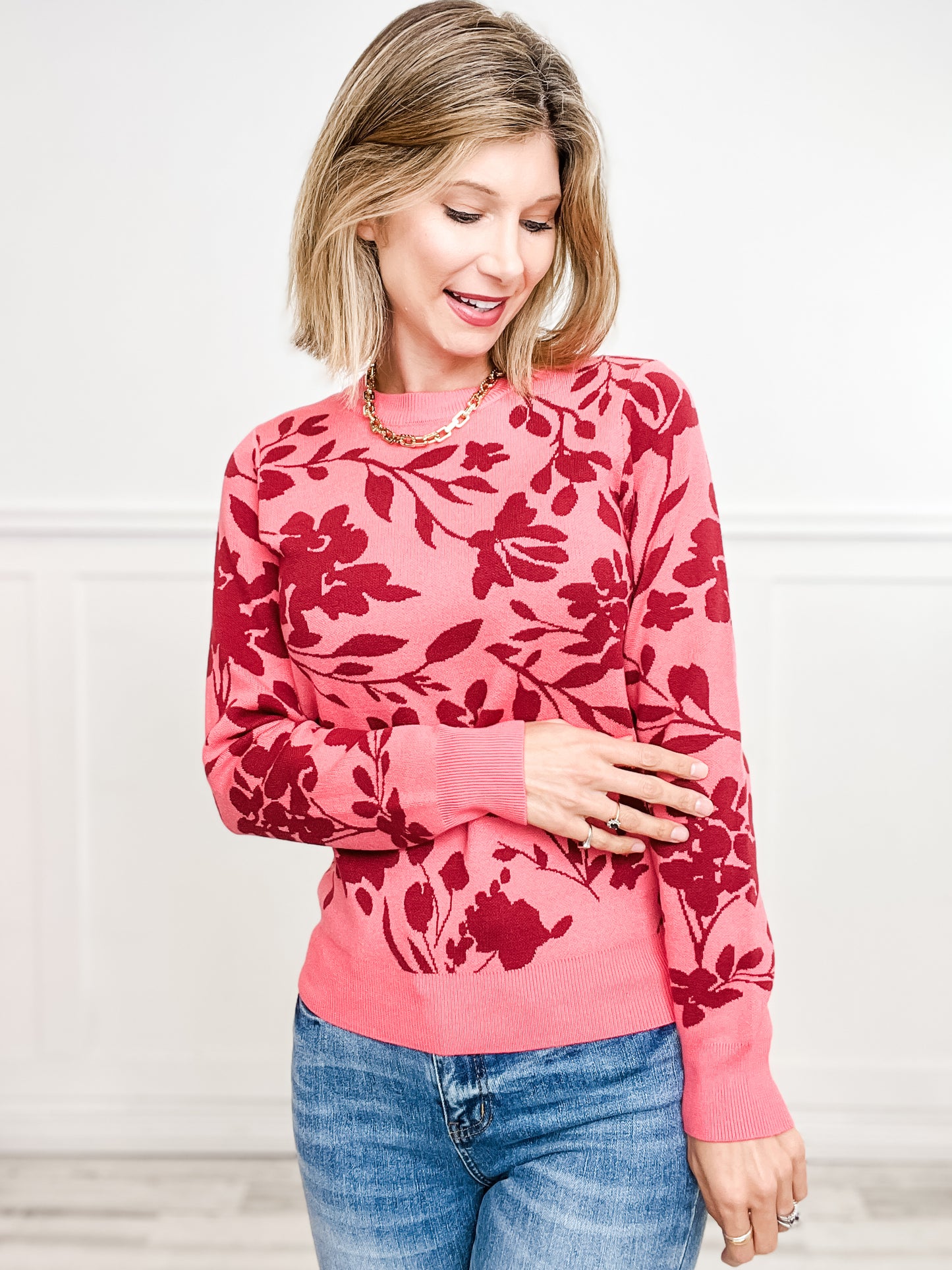 Flower Jacquard Crew Neck Long Sleeve Pullover Sweater