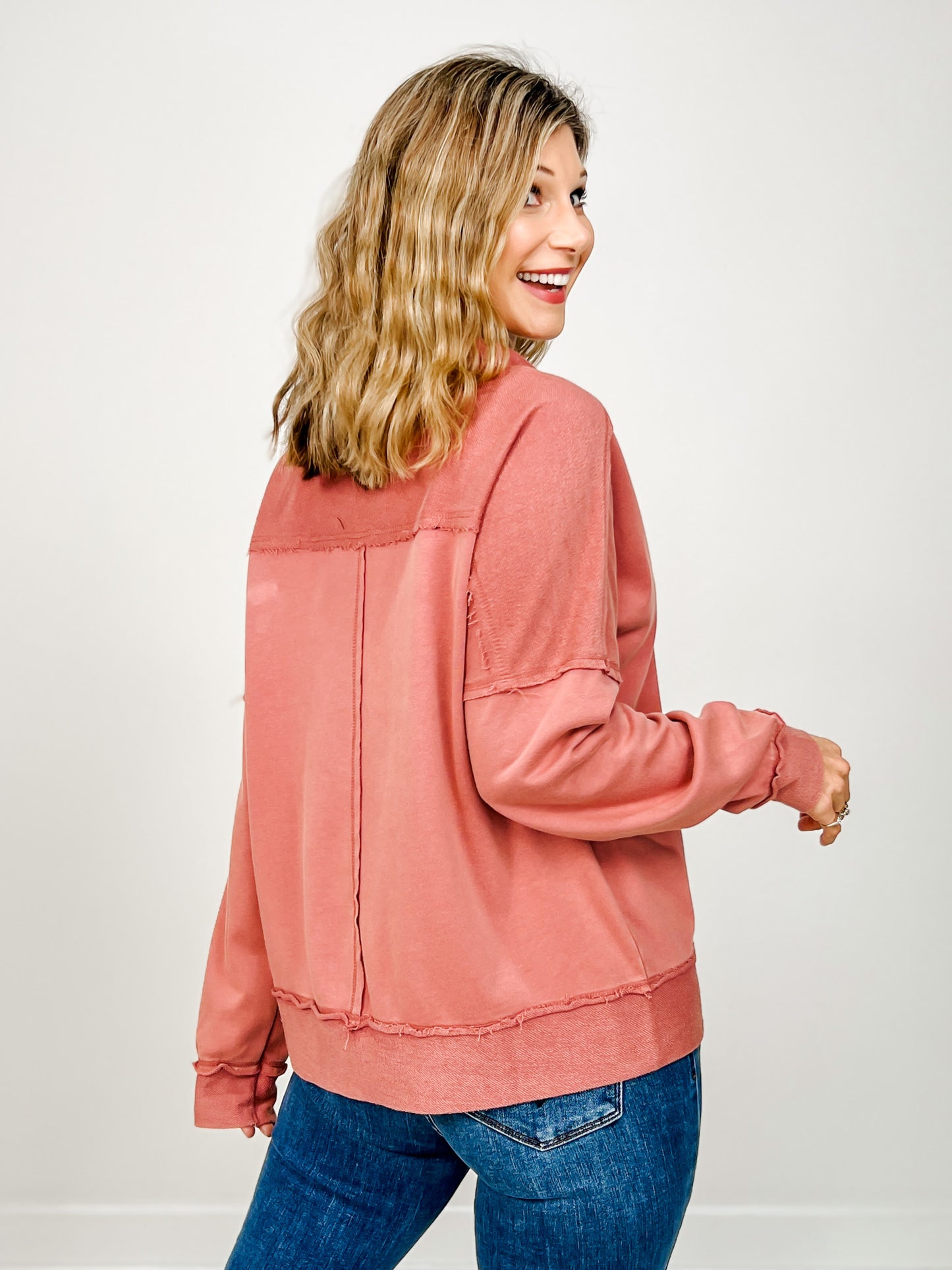 Grommet Neckline Long Sleeve Top with Ribbed Cuffs