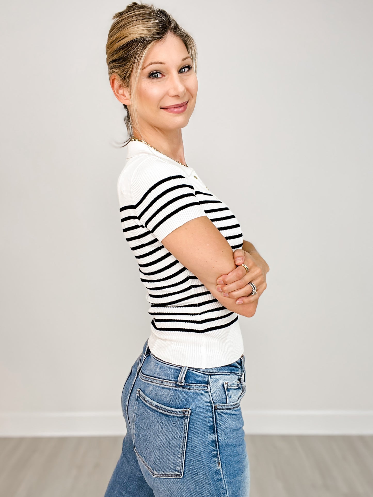 Striped Gold Snap Button Short Sleeve Polo Top