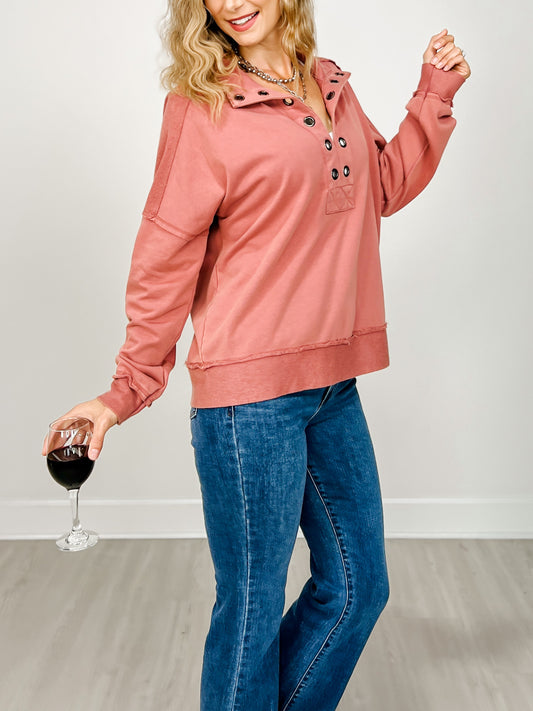 Grommet Neckline Long Sleeve Top with Ribbed Cuffs