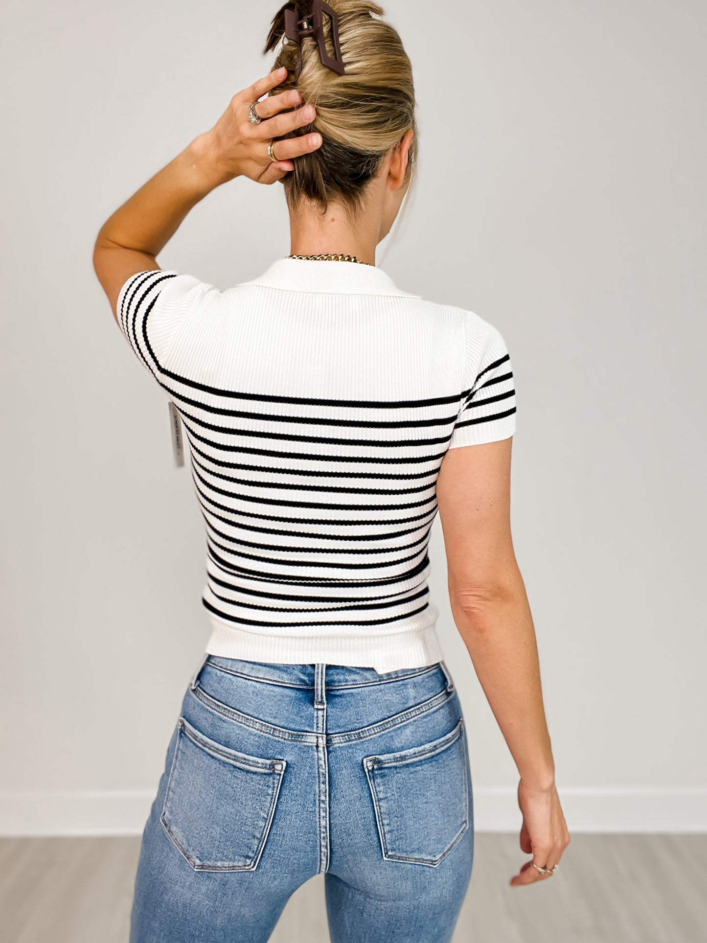 Striped Gold Snap Button Short Sleeve Polo Top