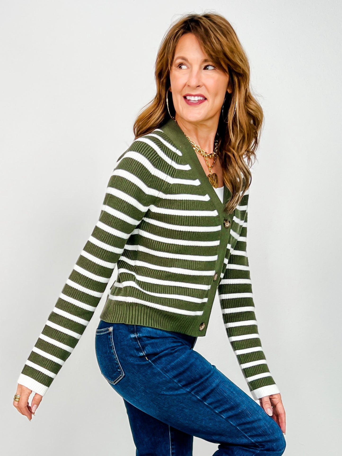 Button Down Front Striped Long Sleeve Cardigan