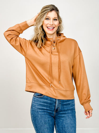 Long Sleeve Lightweight Top with Two-Button Tie Neckline