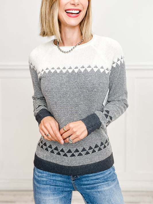 Patterned Color Block Crew Neck Pullover Sweater