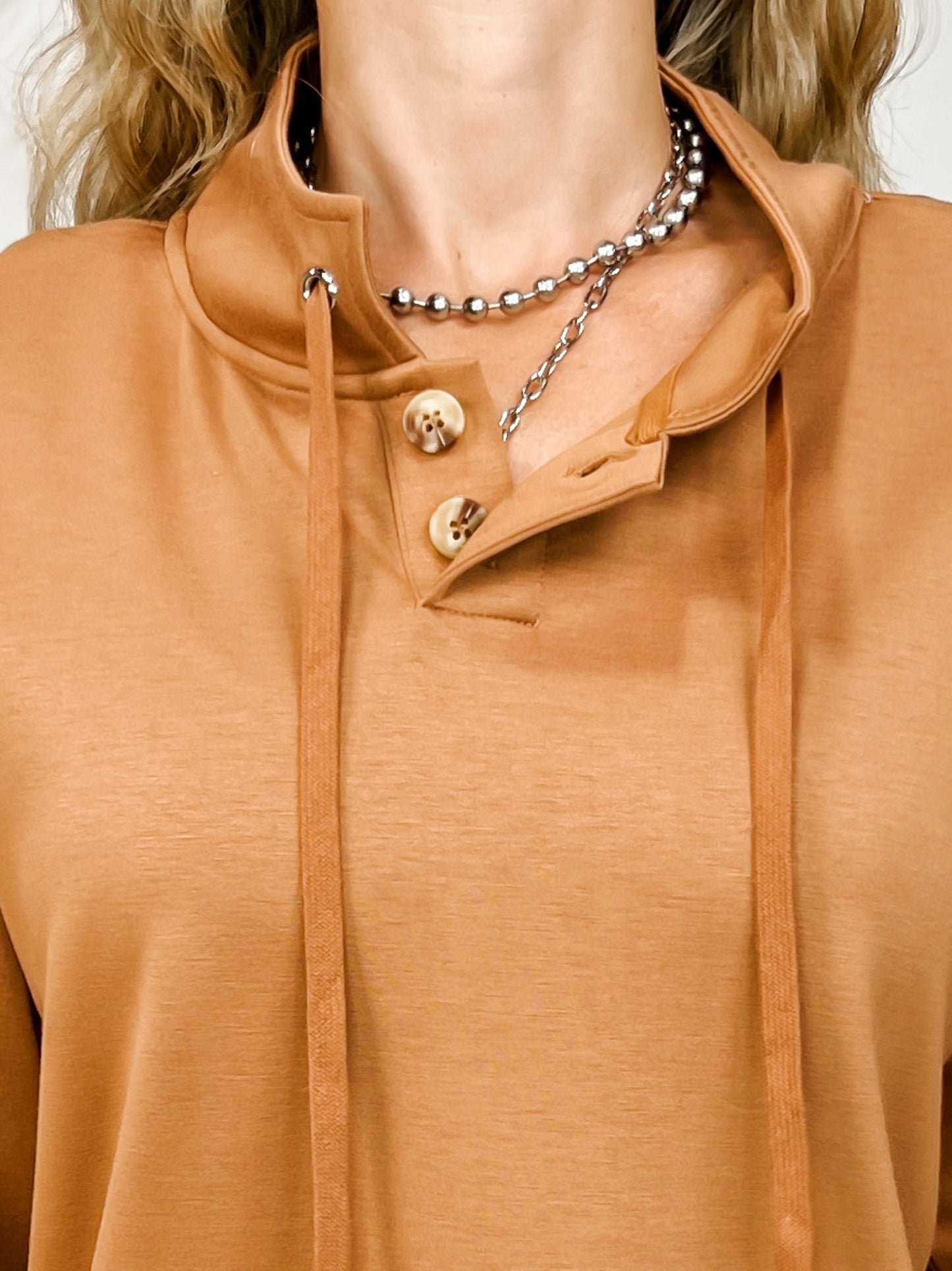 Long Sleeve Lightweight Top with Two-Button Tie Neckline