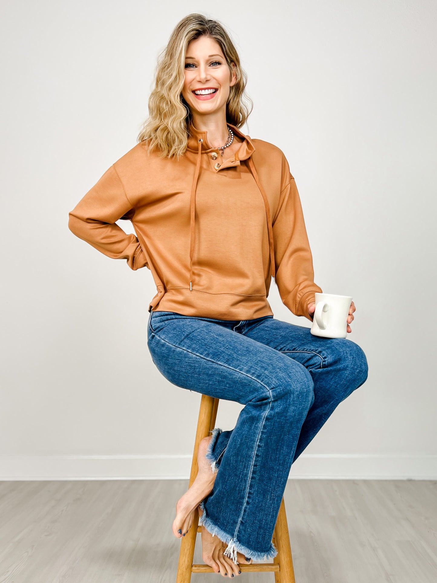 Long Sleeve Lightweight Top with Two-Button Tie Neckline