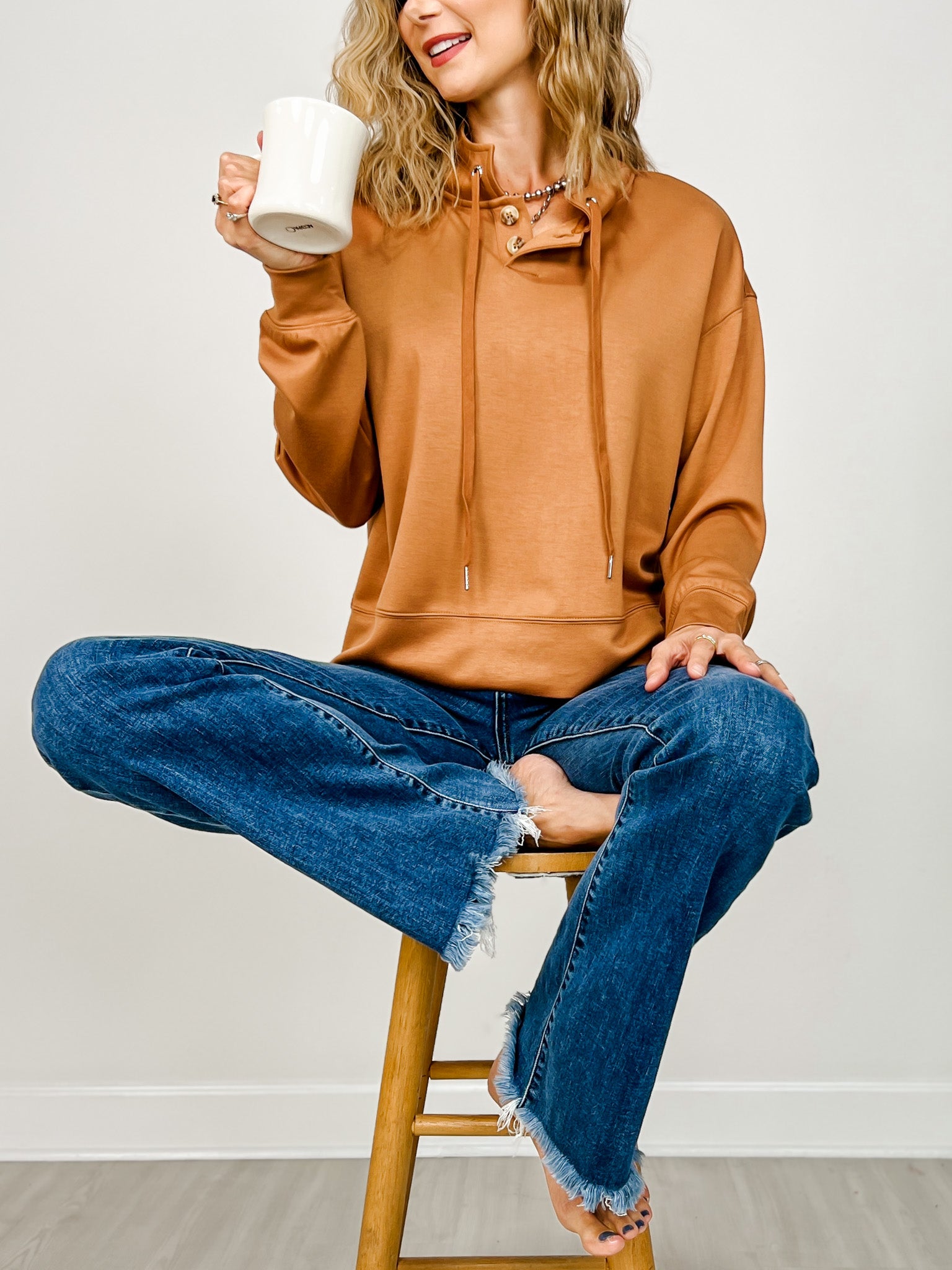Long Sleeve Lightweight Top with Two-Button Tie Neckline