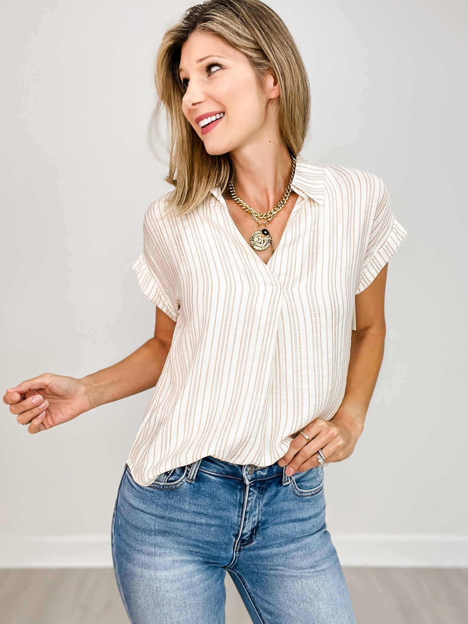 Striped Collared Pintuck Detail Cuff Sleeve Top