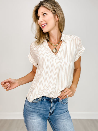 Striped Collared Pintuck Detail Cuff Sleeve Top