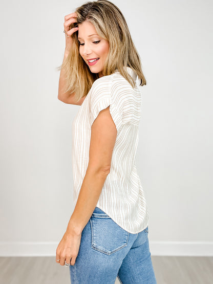 Striped Collared Pintuck Detail Cuff Sleeve Top