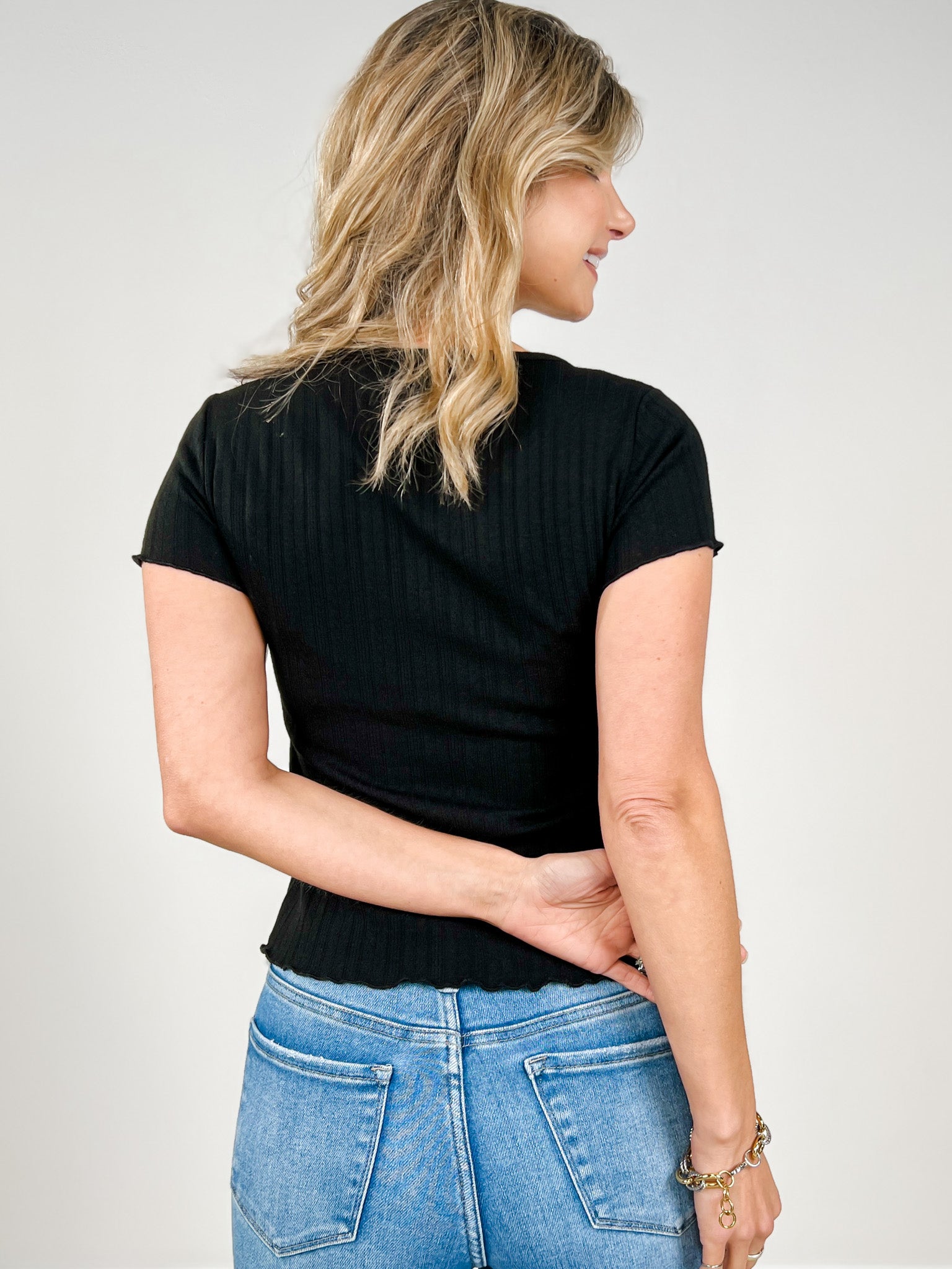 Pointelle Button Front Scoop Neck Top