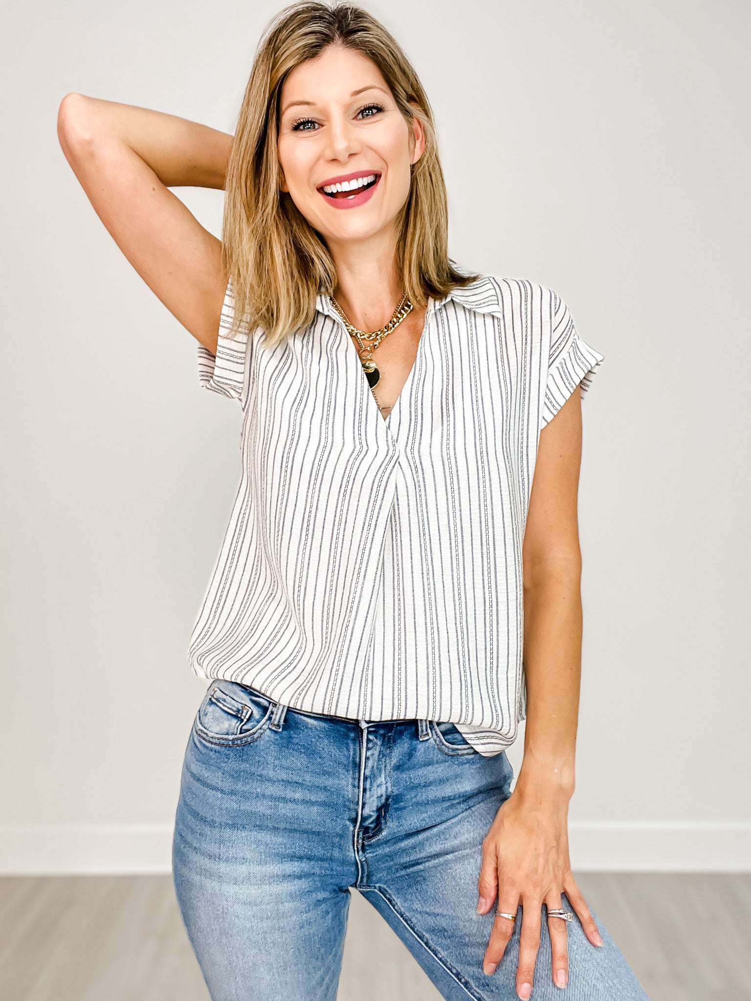 Striped Collared Pintuck Detail Cuff Sleeve Top
