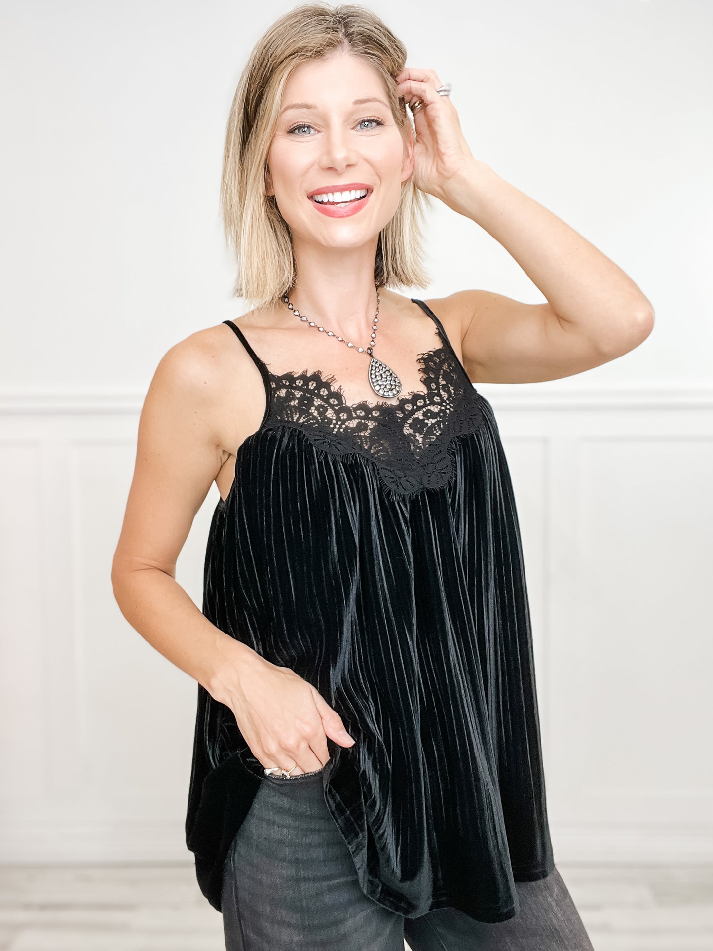 FRONT LACE DETAILED PLEATED VELVET TOP