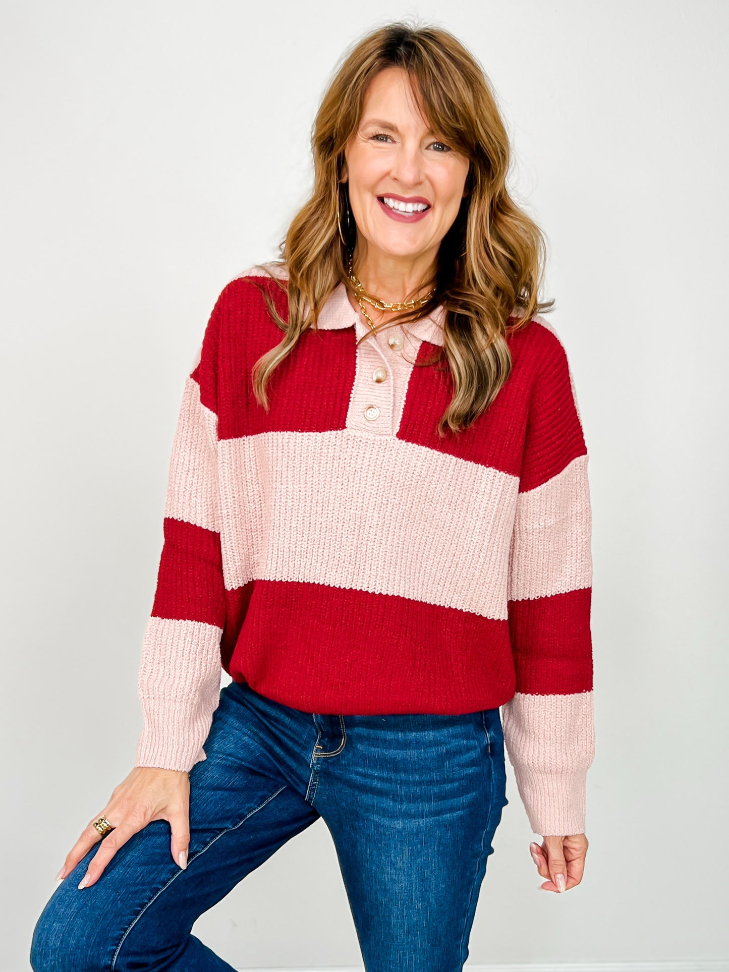 Long Sleeve Striped Knit Collared Sweater