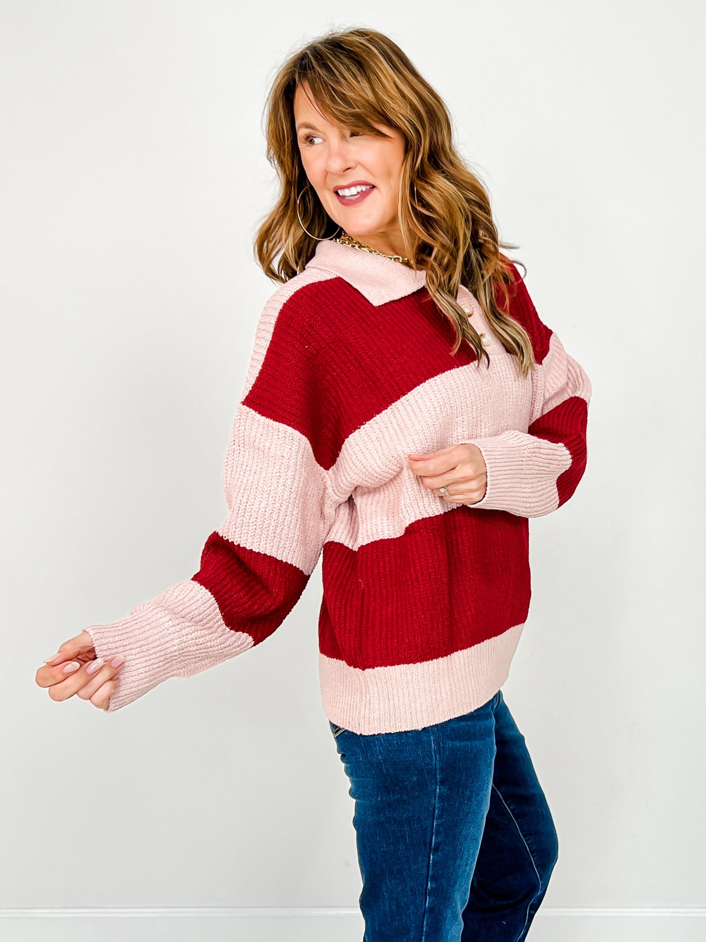 Long Sleeve Striped Knit Collared Sweater
