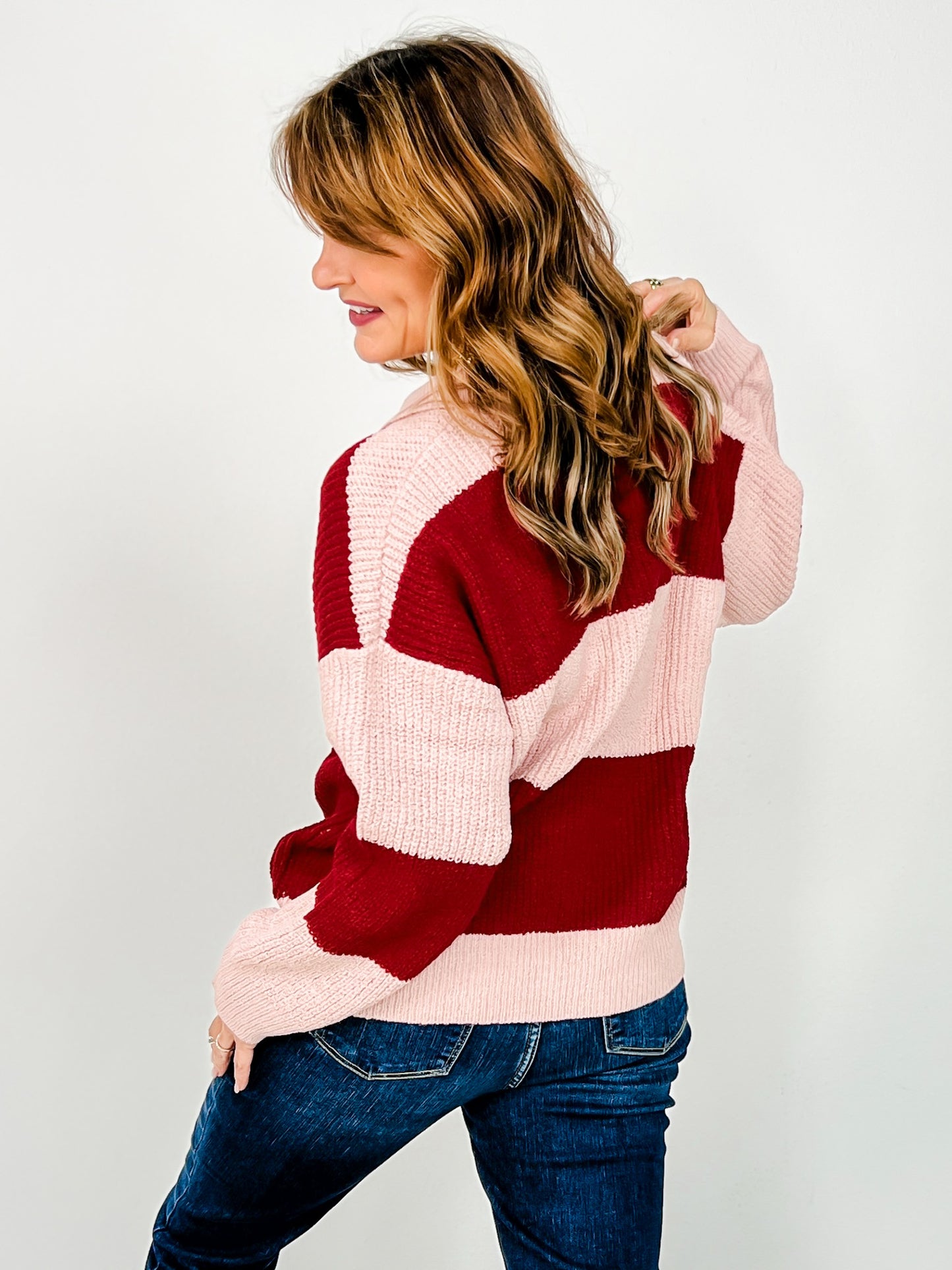 Long Sleeve Striped Knit Collared Sweater