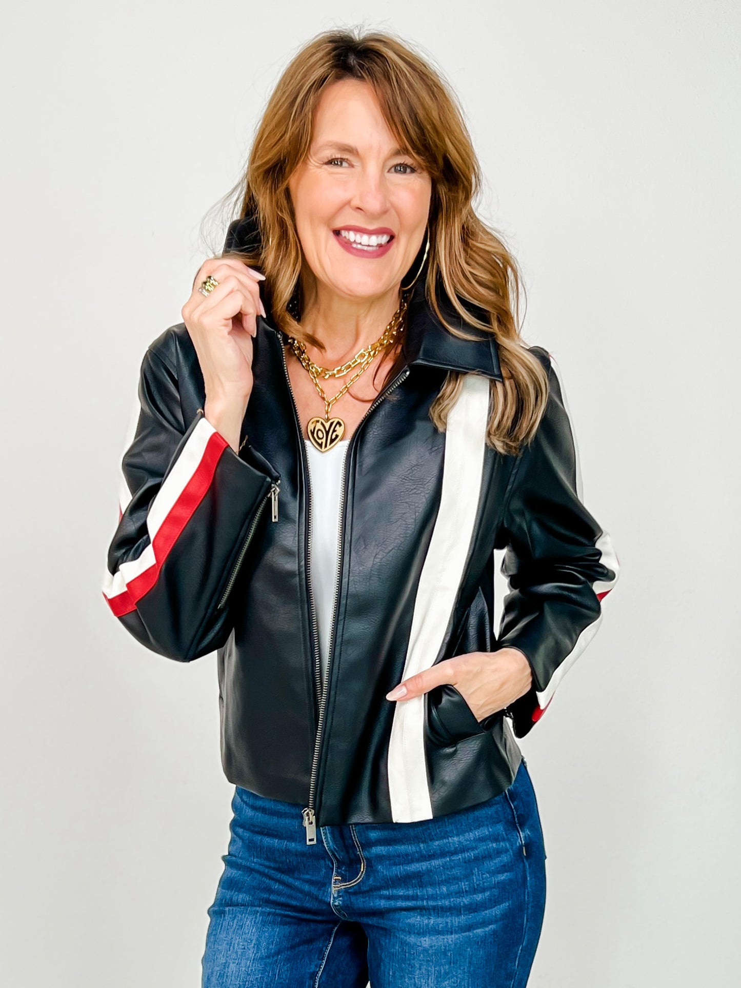 Racer Stripe Faux Leather Zip Up Jacket