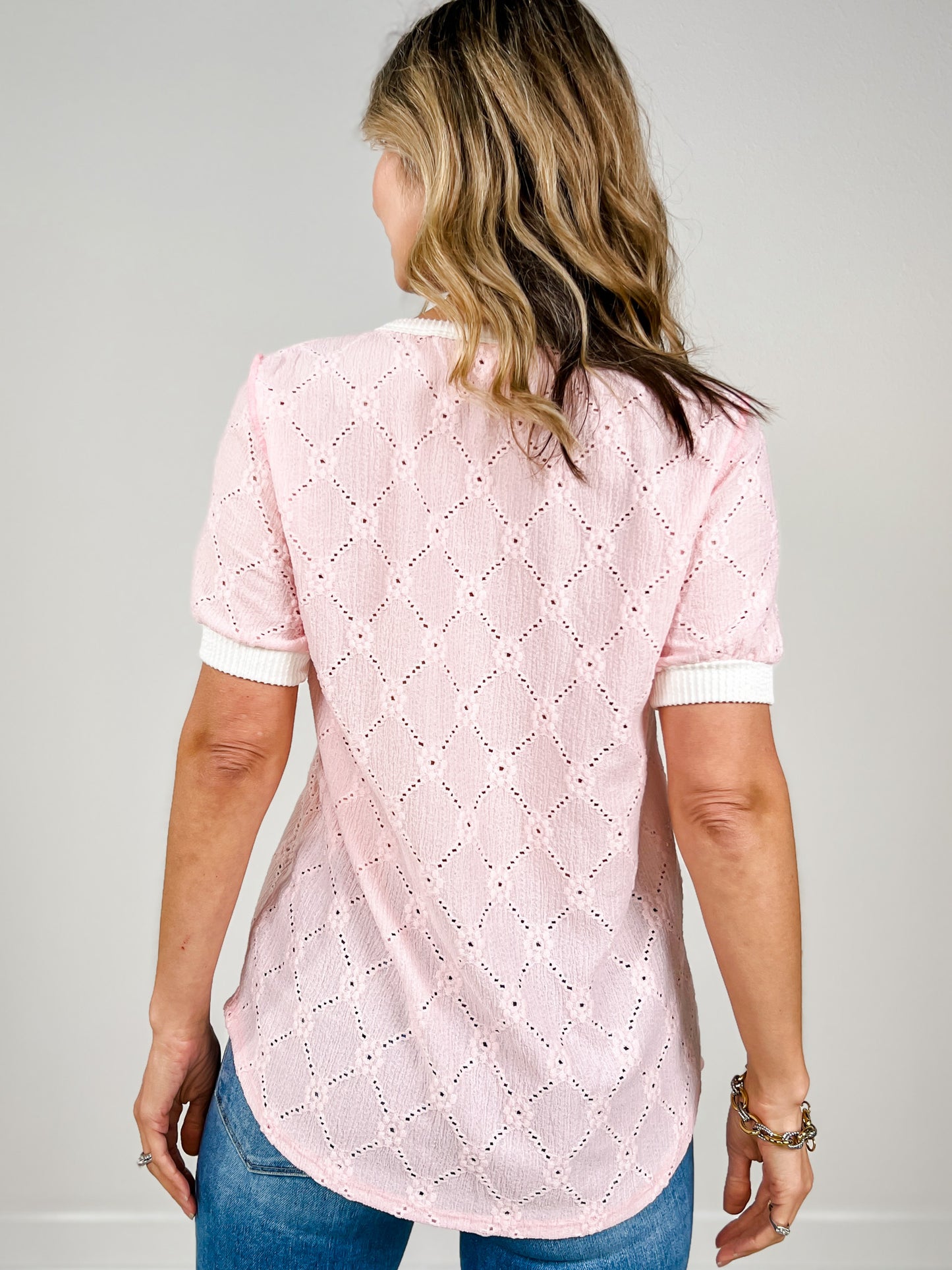 Short Sleeve Lace Knit Henley Top