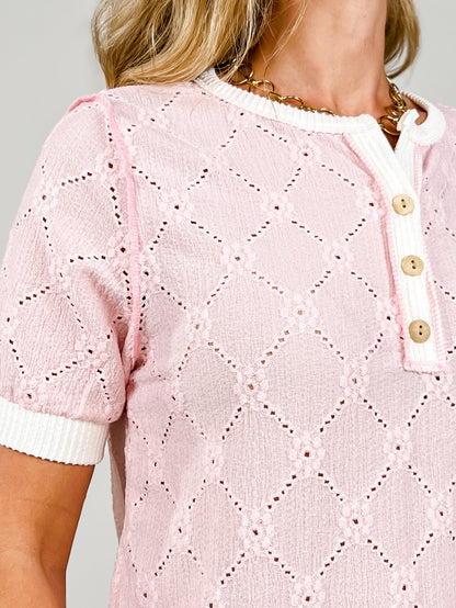 Short Sleeve Lace Knit Henley Top