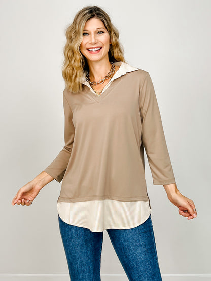 3/4 Sleeve Knit V-Neck Top with Striped Hem and Collar Detail