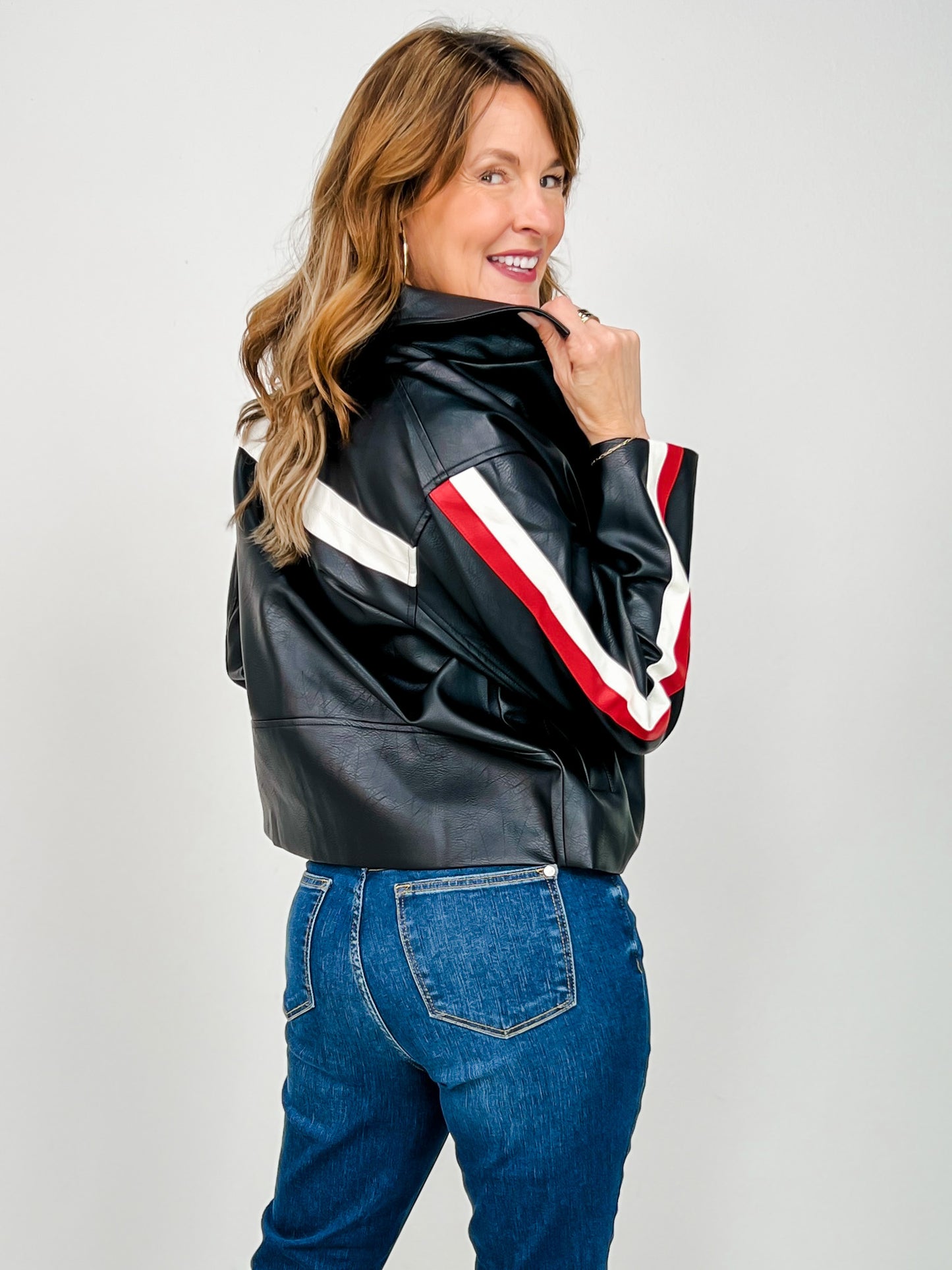 Racer Stripe Faux Leather Zip Up Jacket