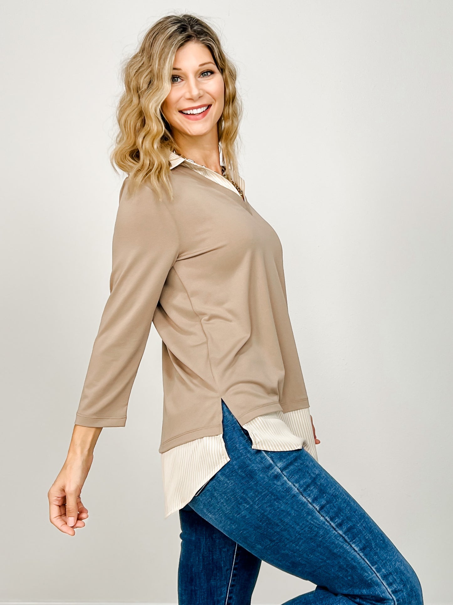 3/4 Sleeve Knit V-Neck Top with Striped Hem and Collar Detail