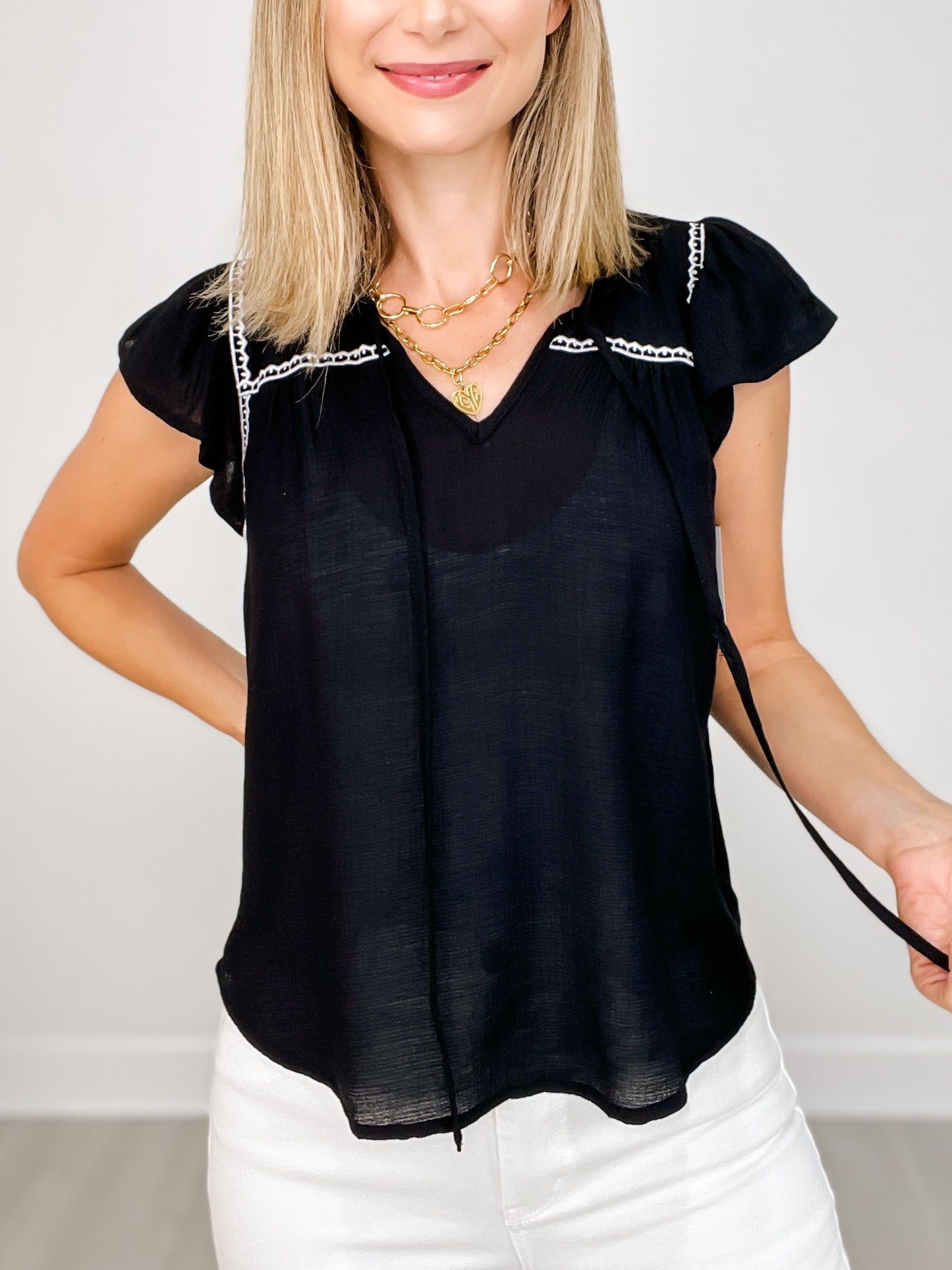Sleeveless Contrast Embroidery Ruffle Detail Front Tie Top
