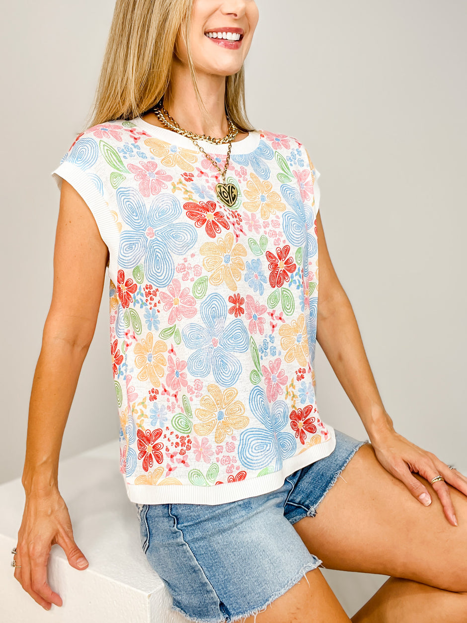 Floral Printed Knit Jersey Sleeveless Top