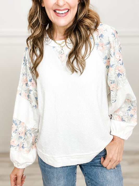 Floral Print Balloon Sleeve Round Neck Top