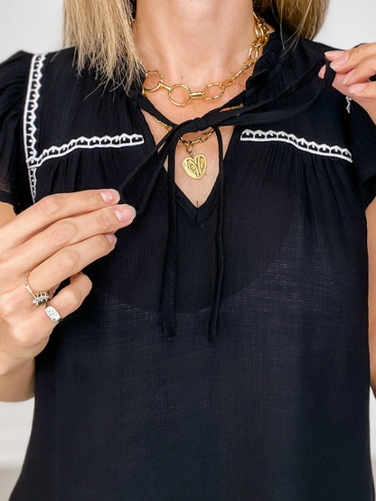 Sleeveless Contrast Embroidery Ruffle Detail Front Tie Top