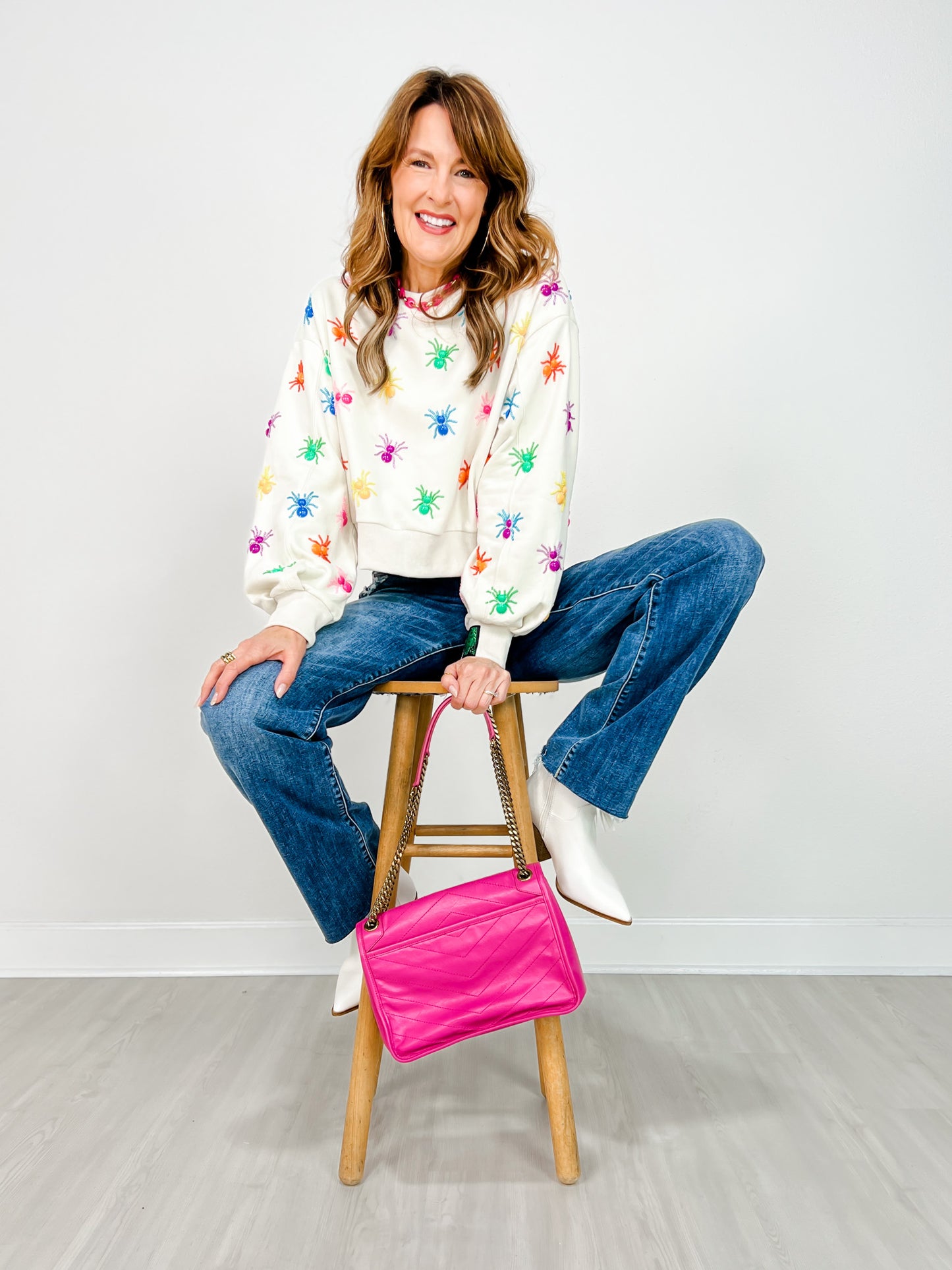 Queen of Sparkles Ivory Multi Beaded Spider Sweatshirt