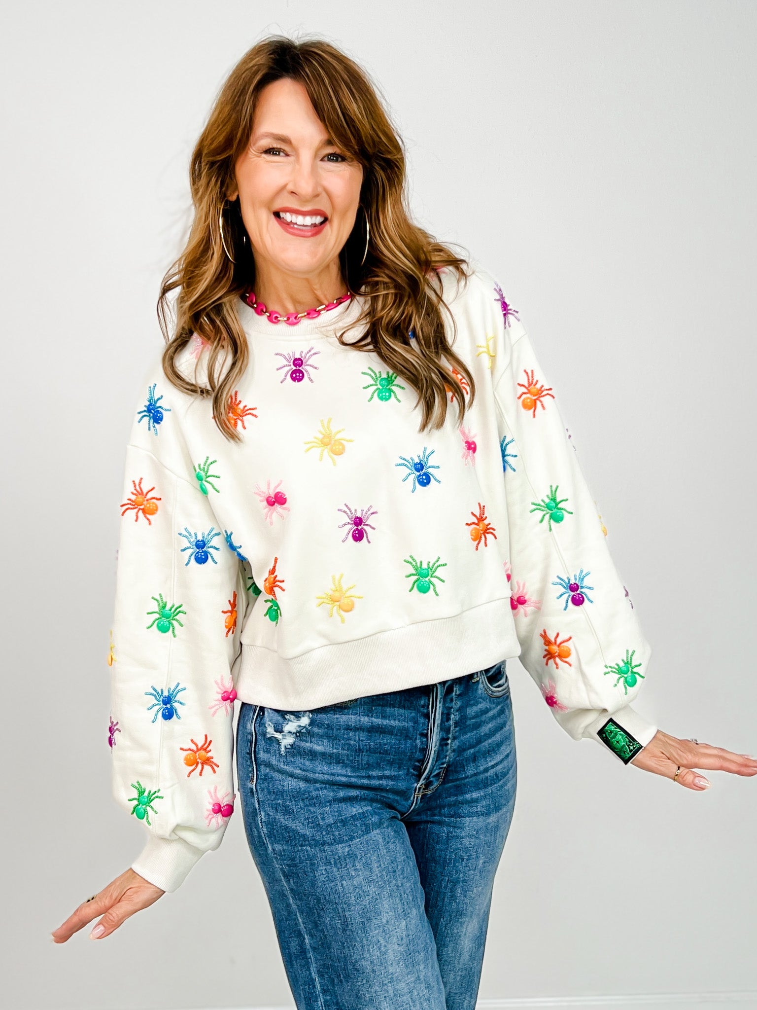 Queen of Sparkles Ivory Multi Beaded Spider Sweatshirt