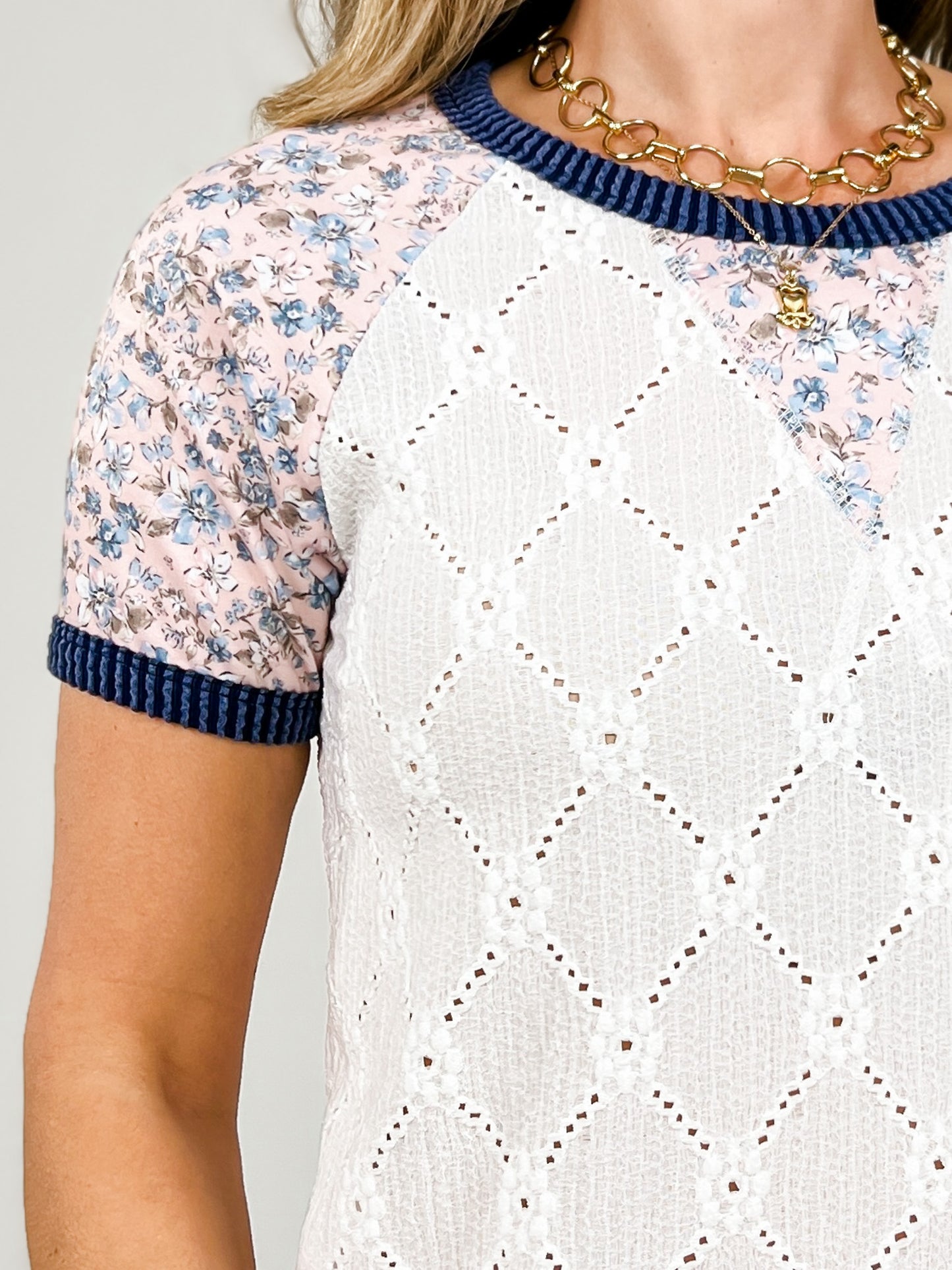Floral Raglan Short Sleeve Textured Knit Top