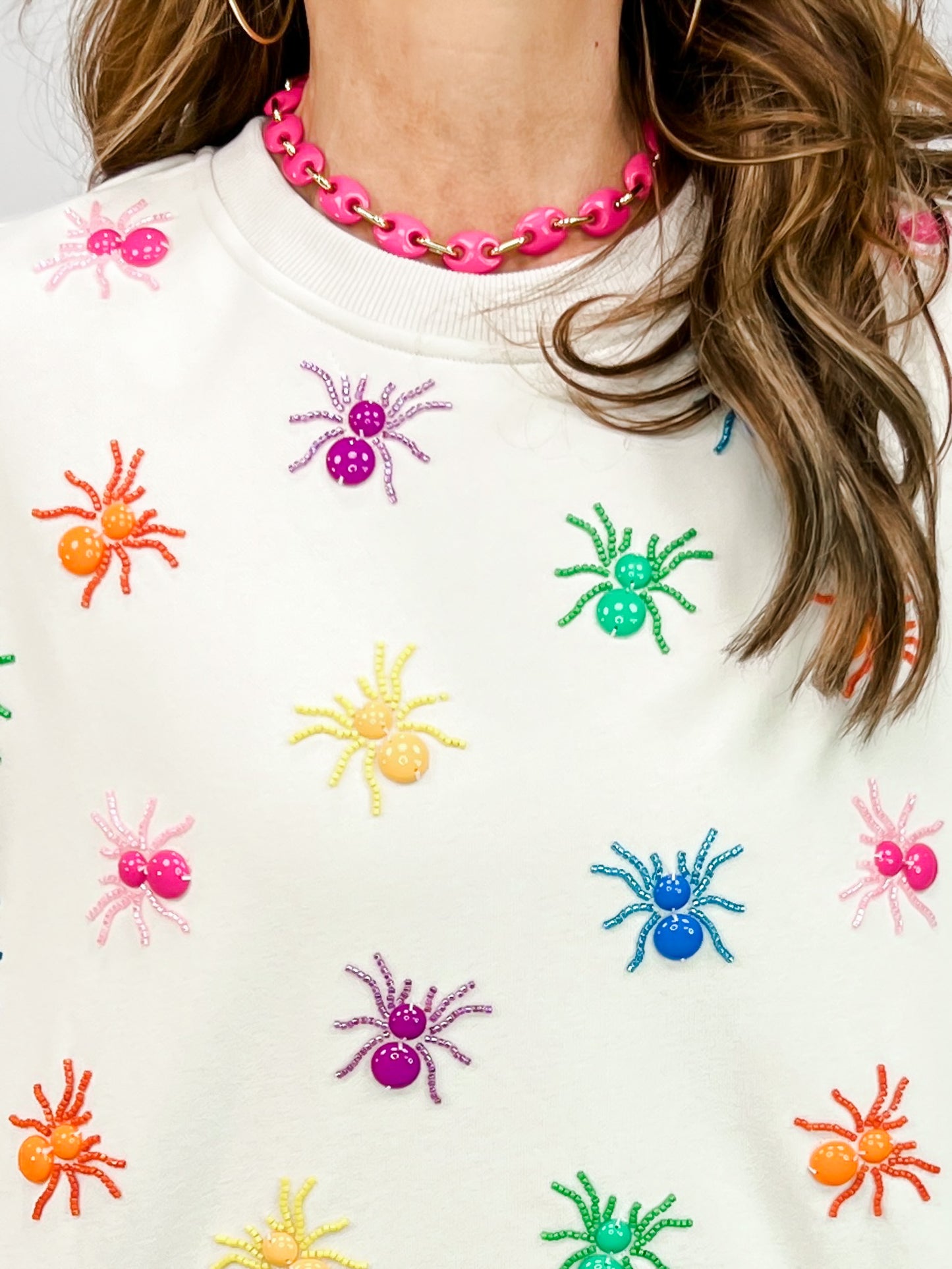Queen of Sparkles Ivory Multi Beaded Spider Sweatshirt