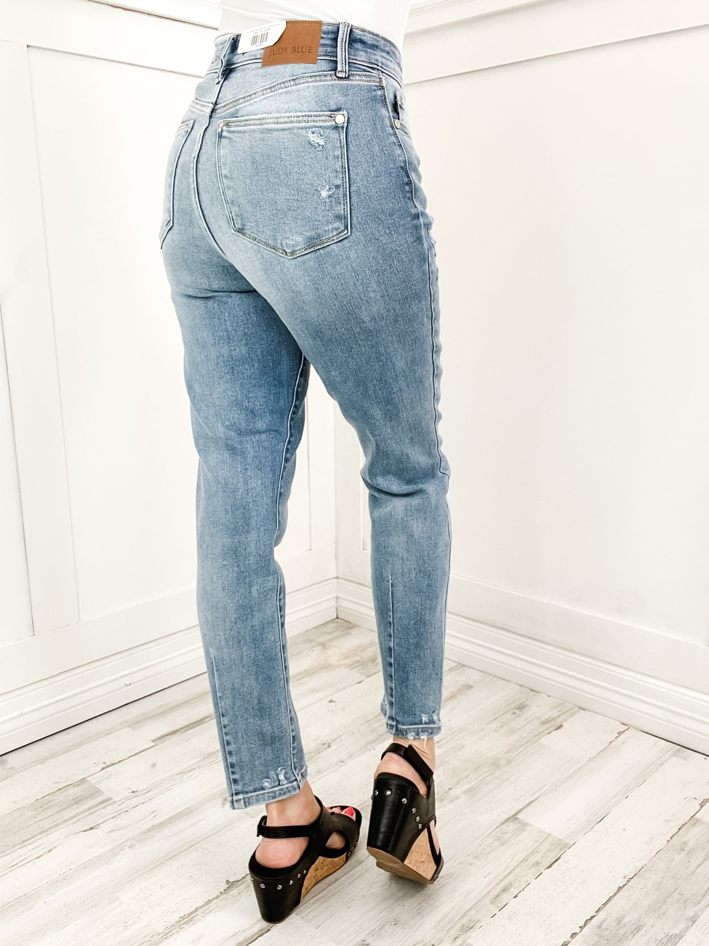 Judy Blue "Kasey" Hi-Waist Destroy & Back Hem Dart Slim Denim Jeans