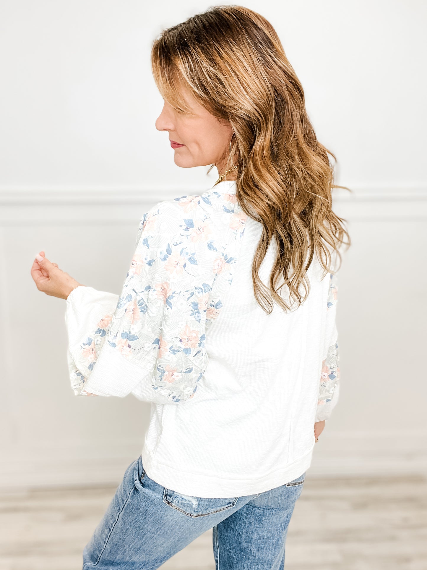 Floral Print Balloon Sleeve Round Neck Top