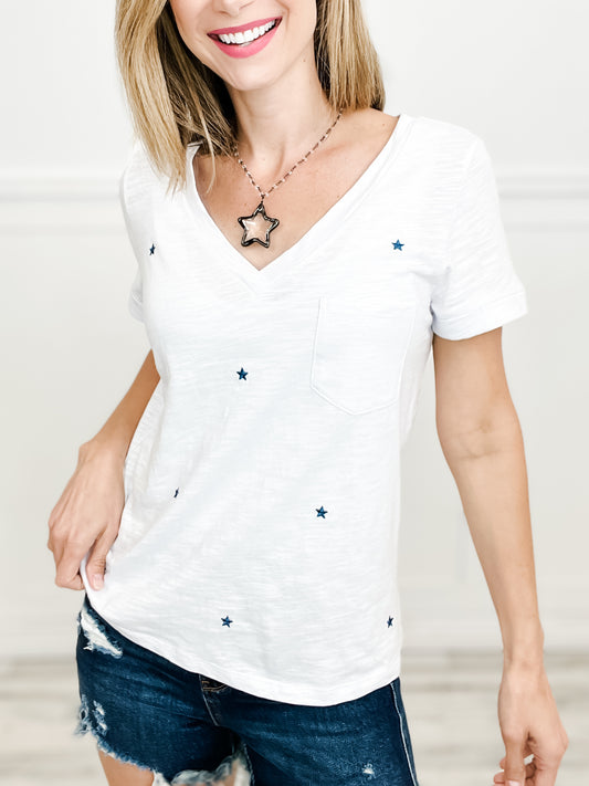 Stay A Star V-Neck Cuffed Sleeve Top with Embroidered Stars