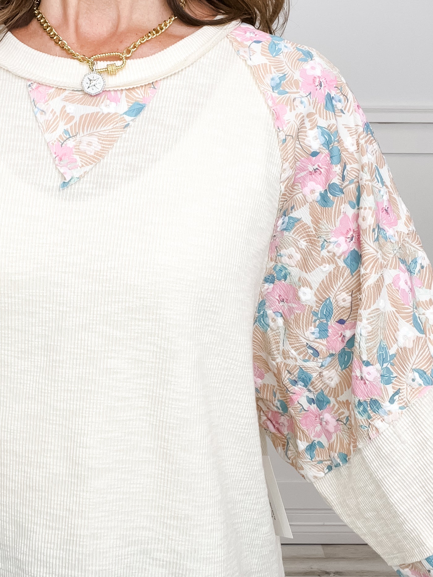 Floral Print Balloon Sleeve Round Neck Top