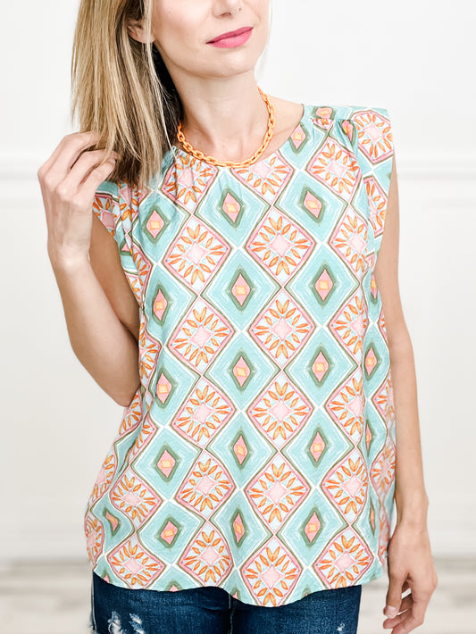 Essentially Summer Banded Shoulder Print Woven Top