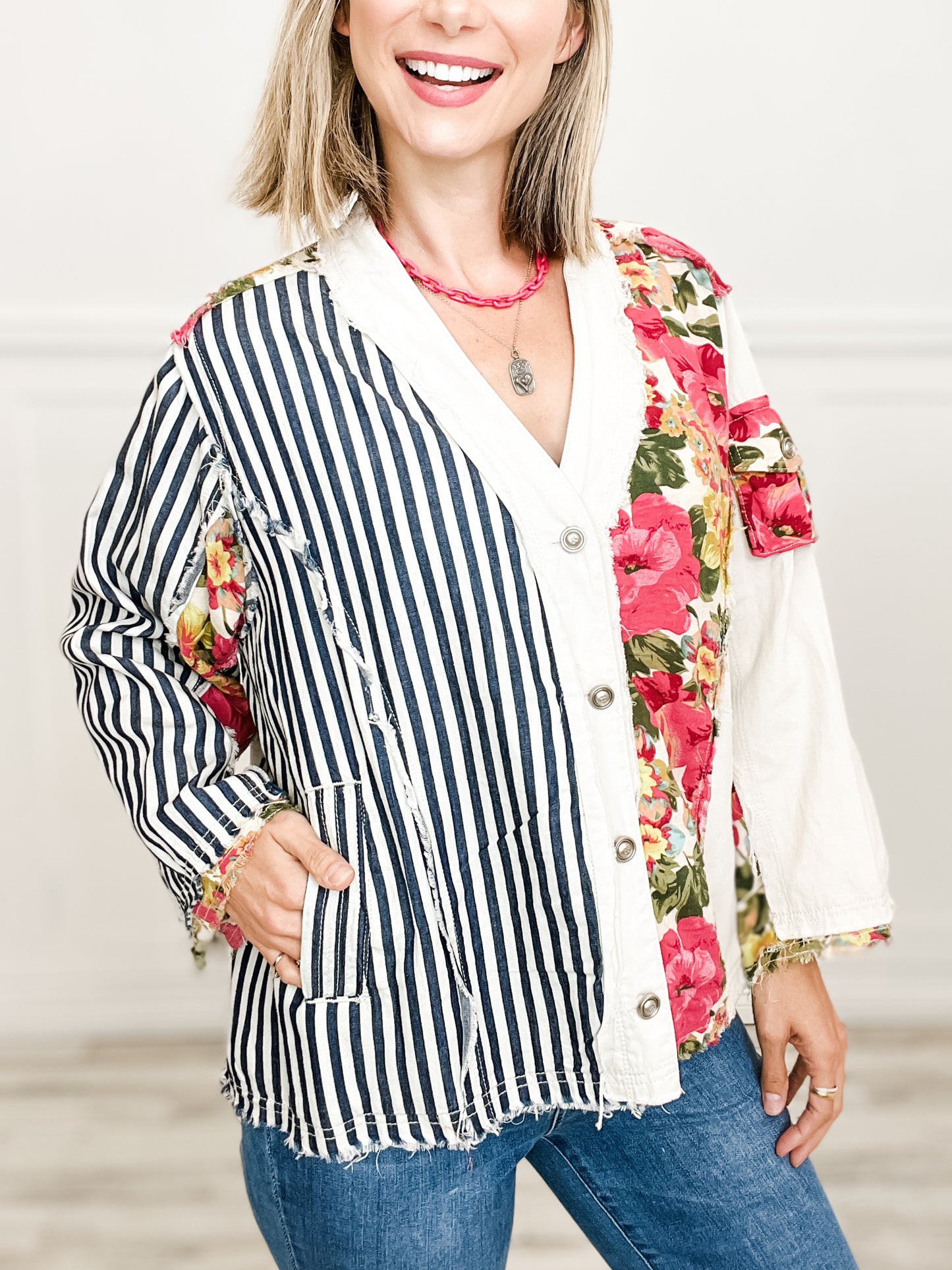 Striped Floral V-Neck Button Down Oversized Top