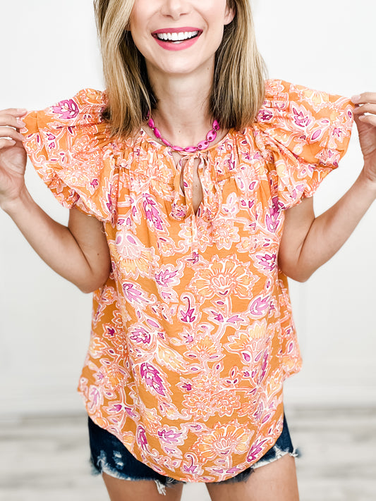 Sweet Flower Double Ruffle Sleeve Printed Top