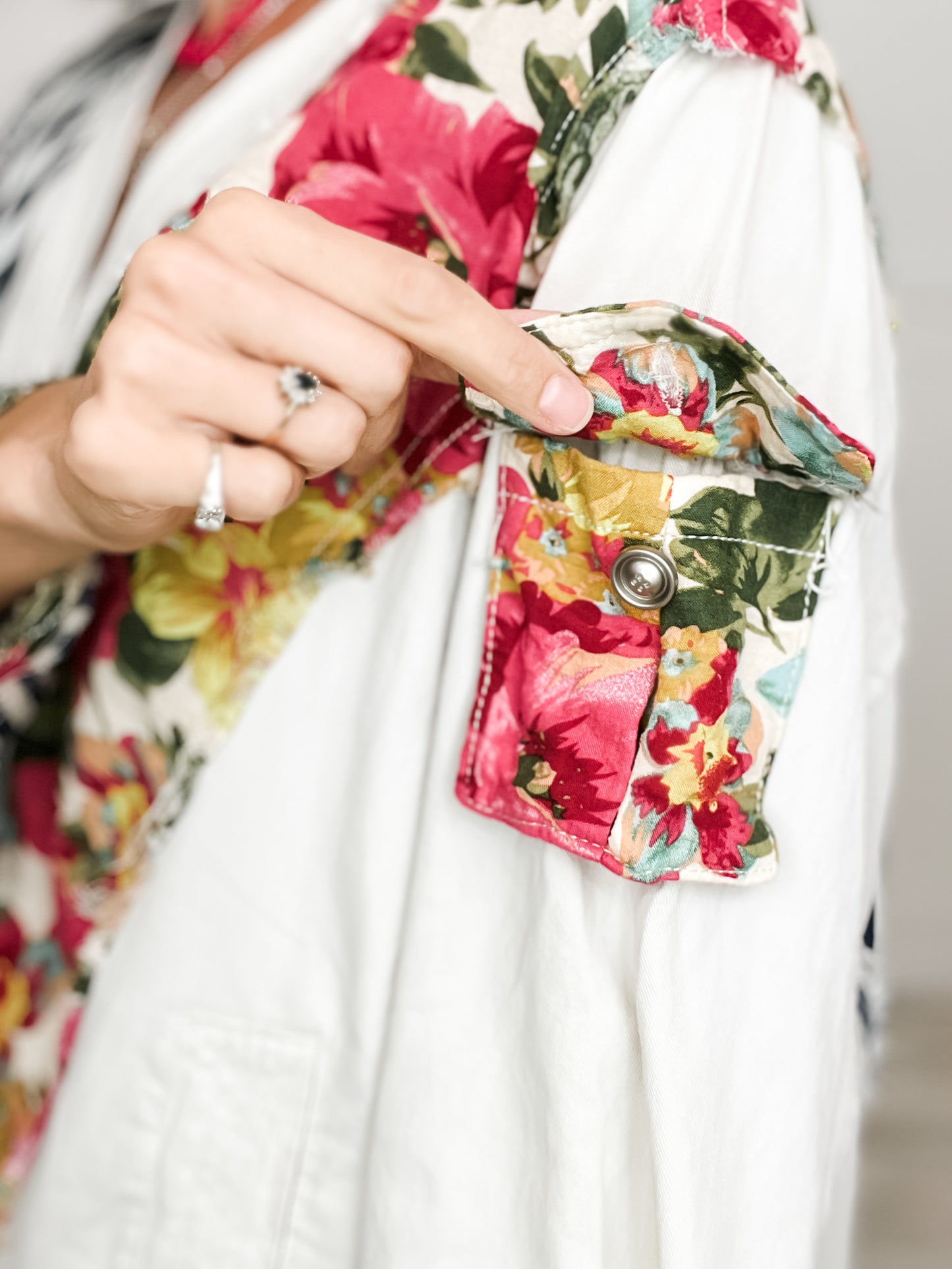 Striped Floral V-Neck Button Down Oversized Top