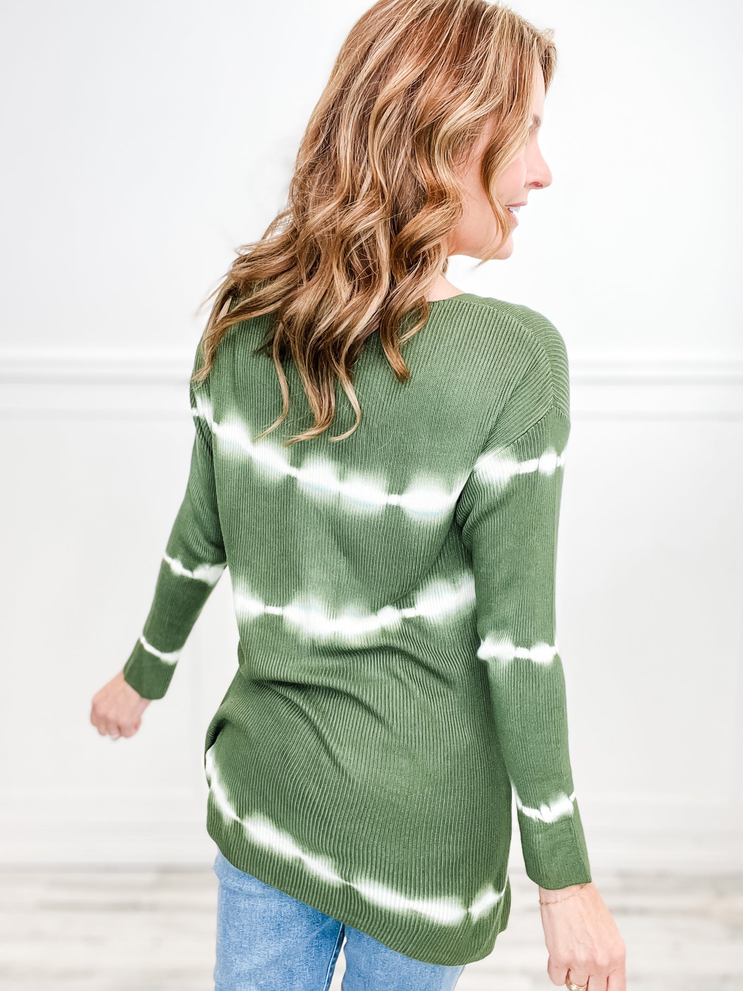 Tie Dye Tunic Length Sweater with Wide V-Neck Top