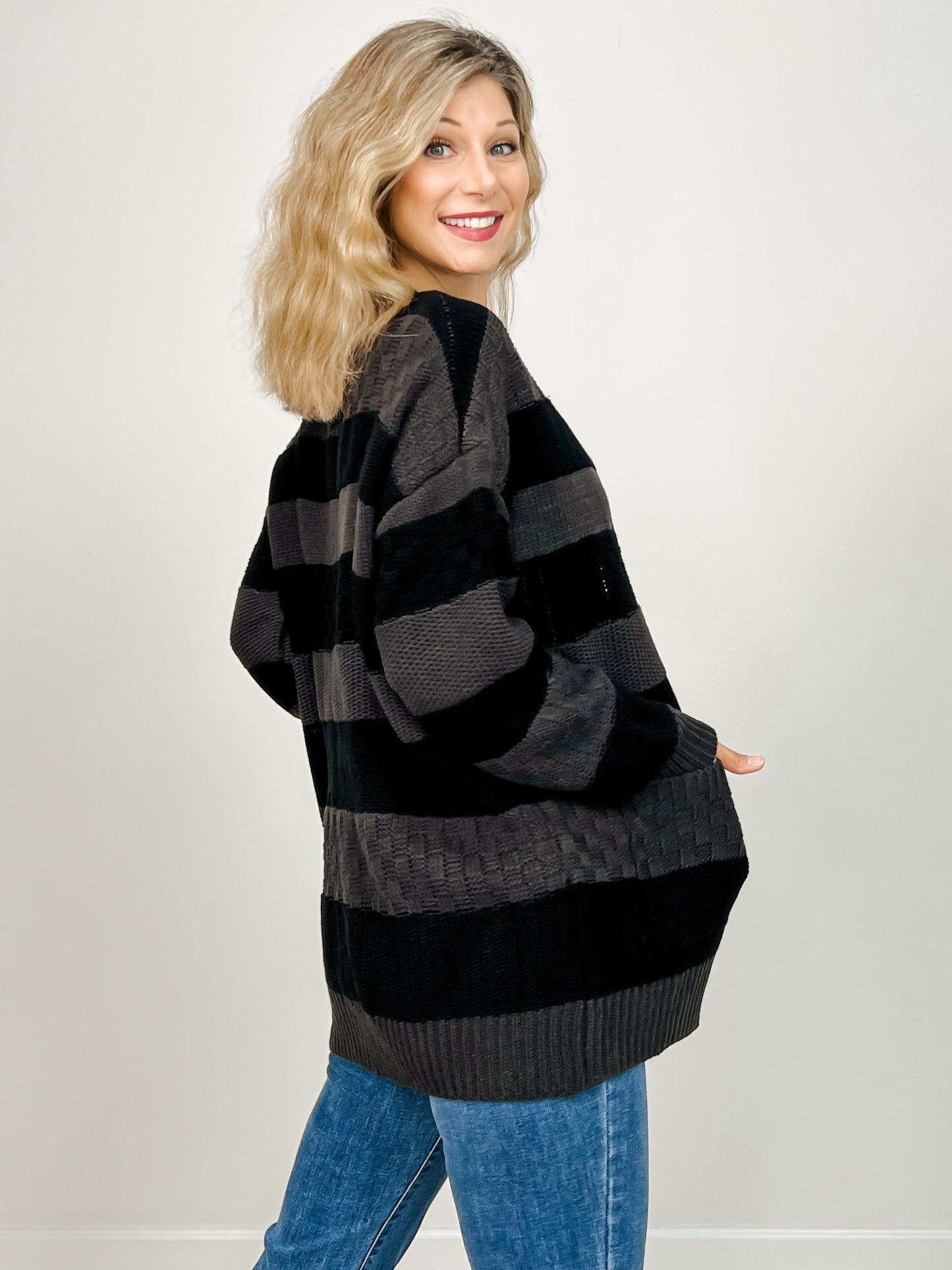 Horizontal Stripe Textured Cardigan with Front Buttons